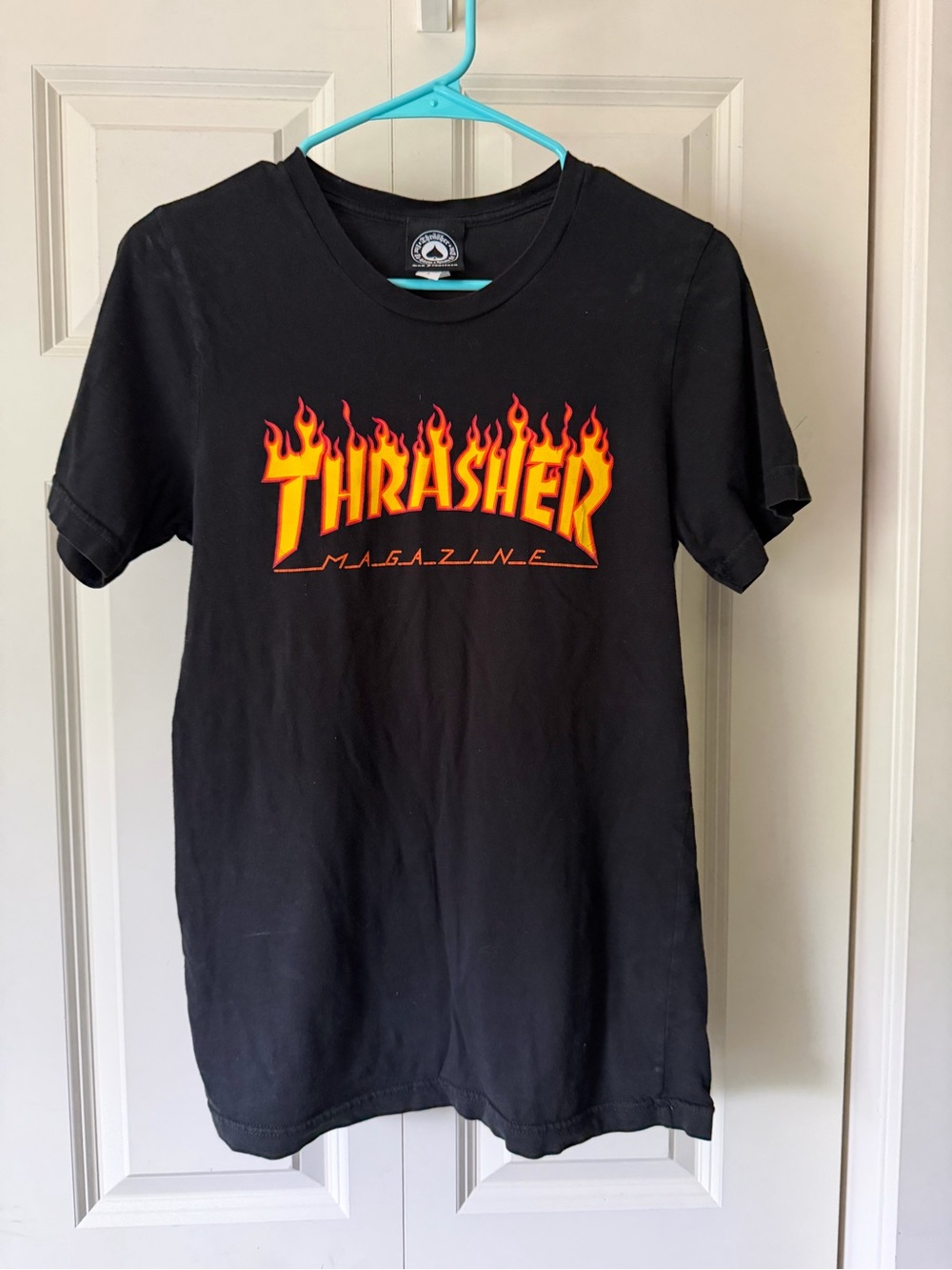 Thrasher Black Tee with Orange and Yellow Flame Logo
